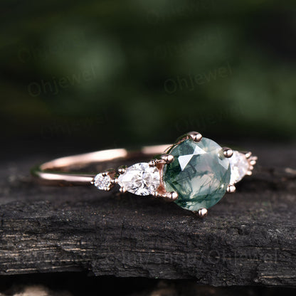Round moss agate ring vintage moss agate engagement ring five stone ring rose gold ring for women pear moissanite ring unique bridal ring