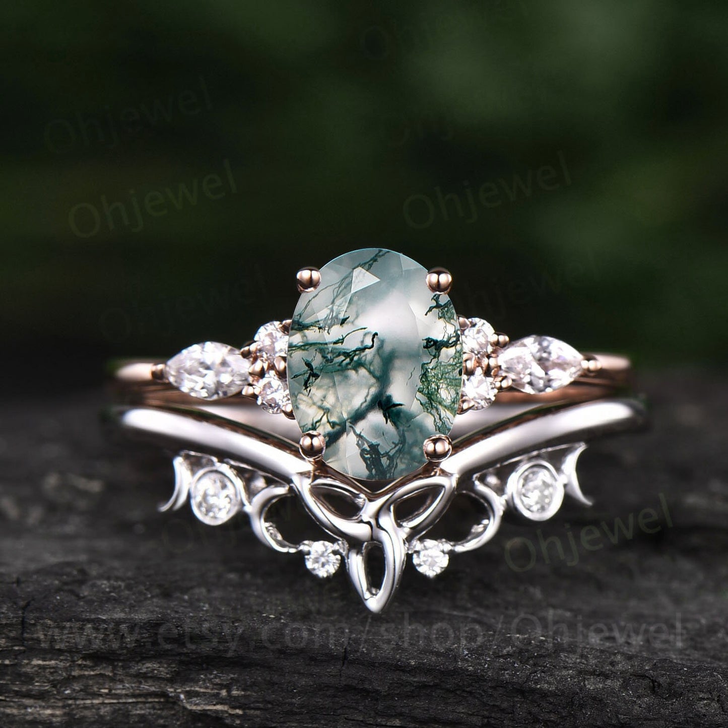 Oval moss agate engagement ring set 14k rose gold marquise cut moissanite ring for women moss agate ring silver norse viking ring Jewelry