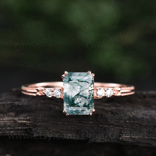 Emerald cut moss agate engagement ring vintage moss agate ring rose gold ring for women organic gemstone ring five stone ring diamond ring
