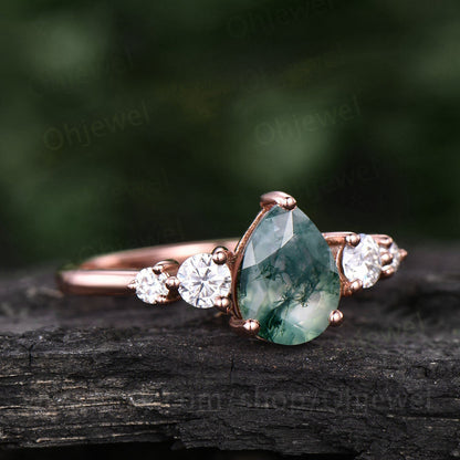 Pear shaped moss agate engagement ring vintage rose gold ring for women moissanite five stone ring custom jewelry unique wedding ring gift