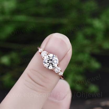 Round shaped moissanite engagement ring five stone ring vintage rose gold ring dainty jewelry promise ring for her unique bridal ring gift