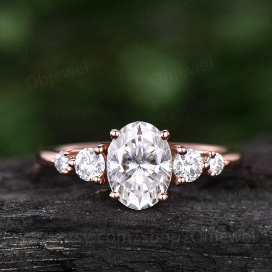 Oval cut moissanite engagement ring five stone ring vintage rose gold ring custom dainty jewelry promise ring for her unique wedding ring