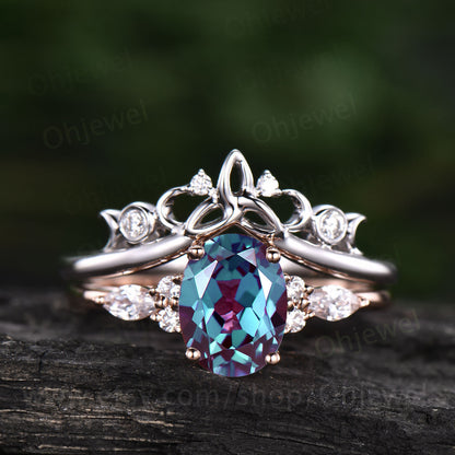 Unique bridal ring set oval cut Alexandrite engagement ring set vintage moissanite ring set rose gold women cluster marquise ring jewelry