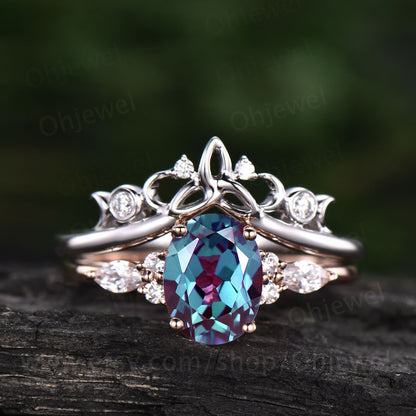 Unique vintage Oval cut Alexandrite engagement ring set rose gold art deco moissanite wedding ring set for women norse viking ring Jewelry