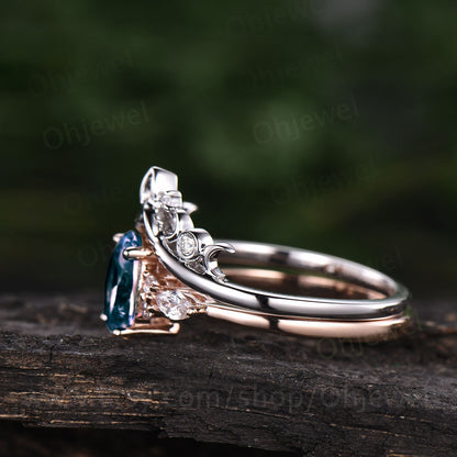 Unique bridal ring set oval cut Alexandrite engagement ring set vintage moissanite ring set rose gold women cluster marquise ring jewelry