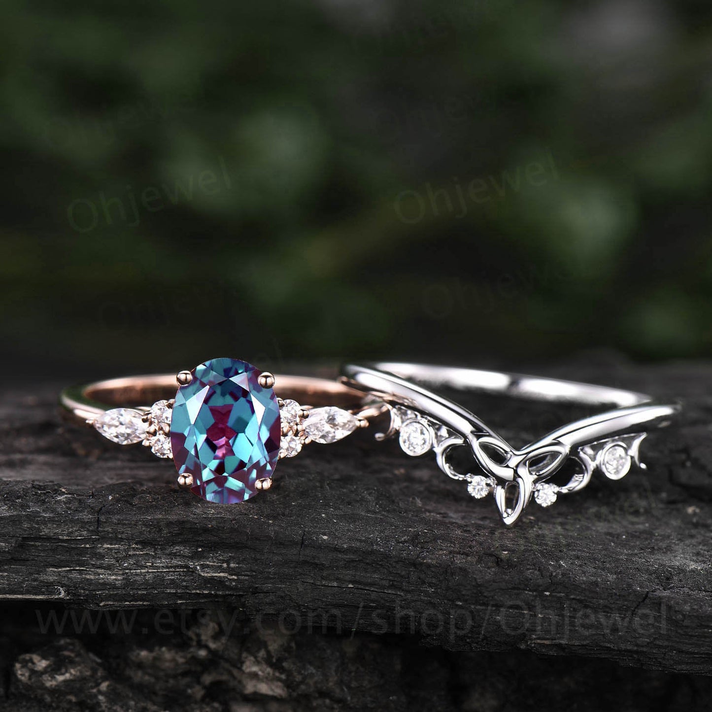 Unique bridal ring set oval cut Alexandrite engagement ring set vintage moissanite ring set rose gold women cluster marquise ring jewelry