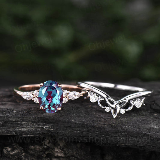 Unique vintage Oval cut Alexandrite engagement ring set rose gold art deco moissanite wedding ring set for women norse viking ring Jewelry