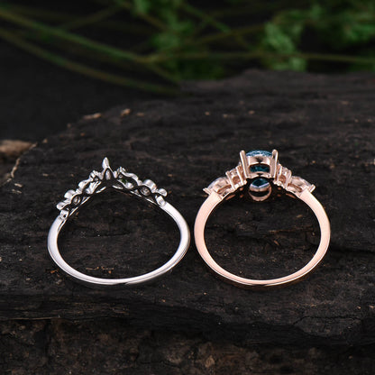 Unique bridal ring set oval cut Alexandrite engagement ring set vintage moissanite ring set rose gold women cluster marquise ring jewelry