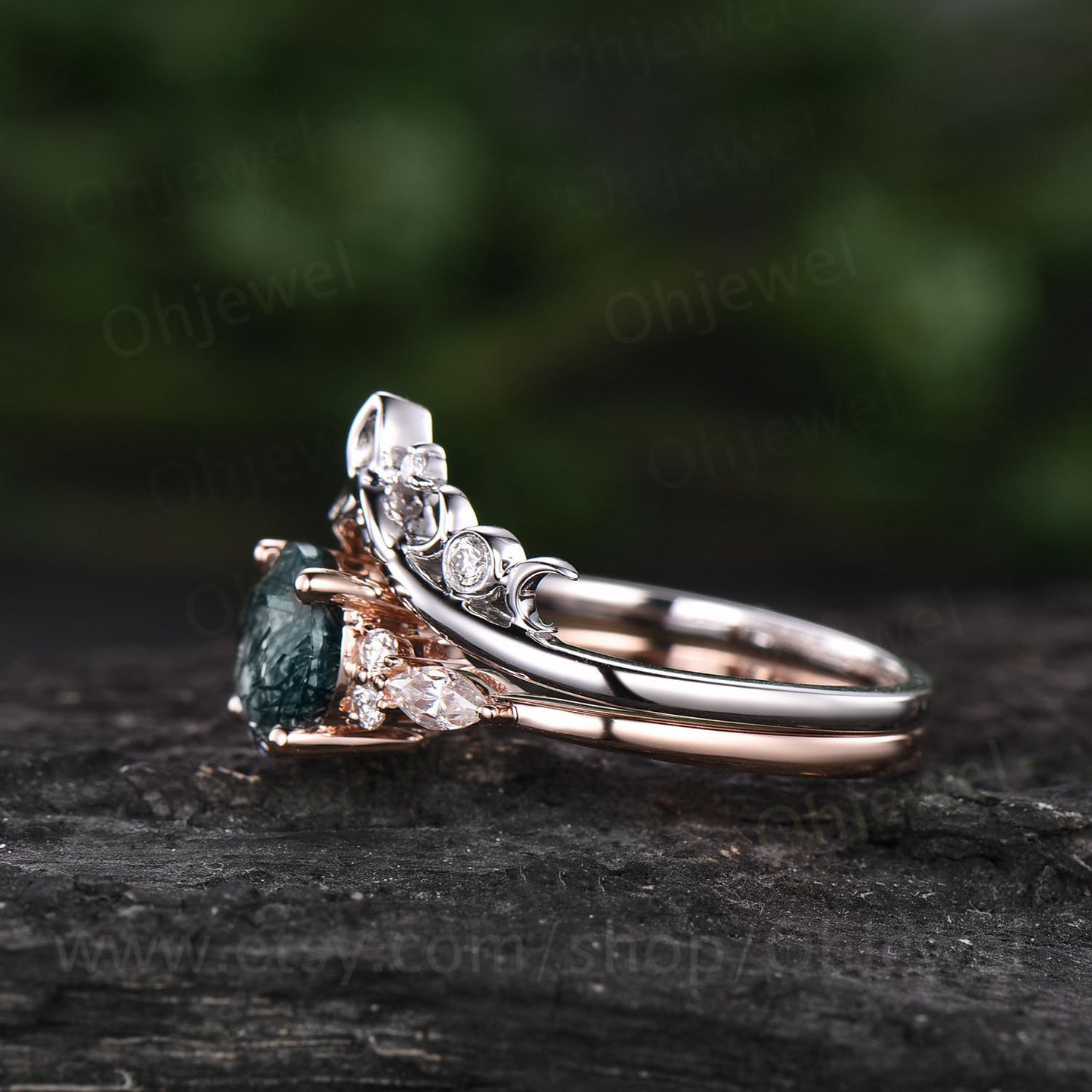 Unique wedding ring set round moss agate engagement ring set art deco vintage 7 stone rose gold silver ring cluster moissanite bridal set
