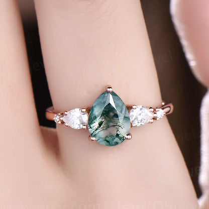 Pear shaped moss agate engagement ring vintage rose gold ring for women moissanite five stone ring brial ring green moss ring wedding gift