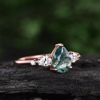 Pear shaped moss agate engagement ring vintage rose gold ring for women moissanite five stone ring brial ring green moss ring wedding gift
