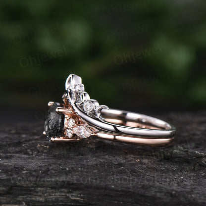 Round cut black rutilated quartz engagement ring set rose gold ring set women unique promise ring for her moissanite wedding ring set gift