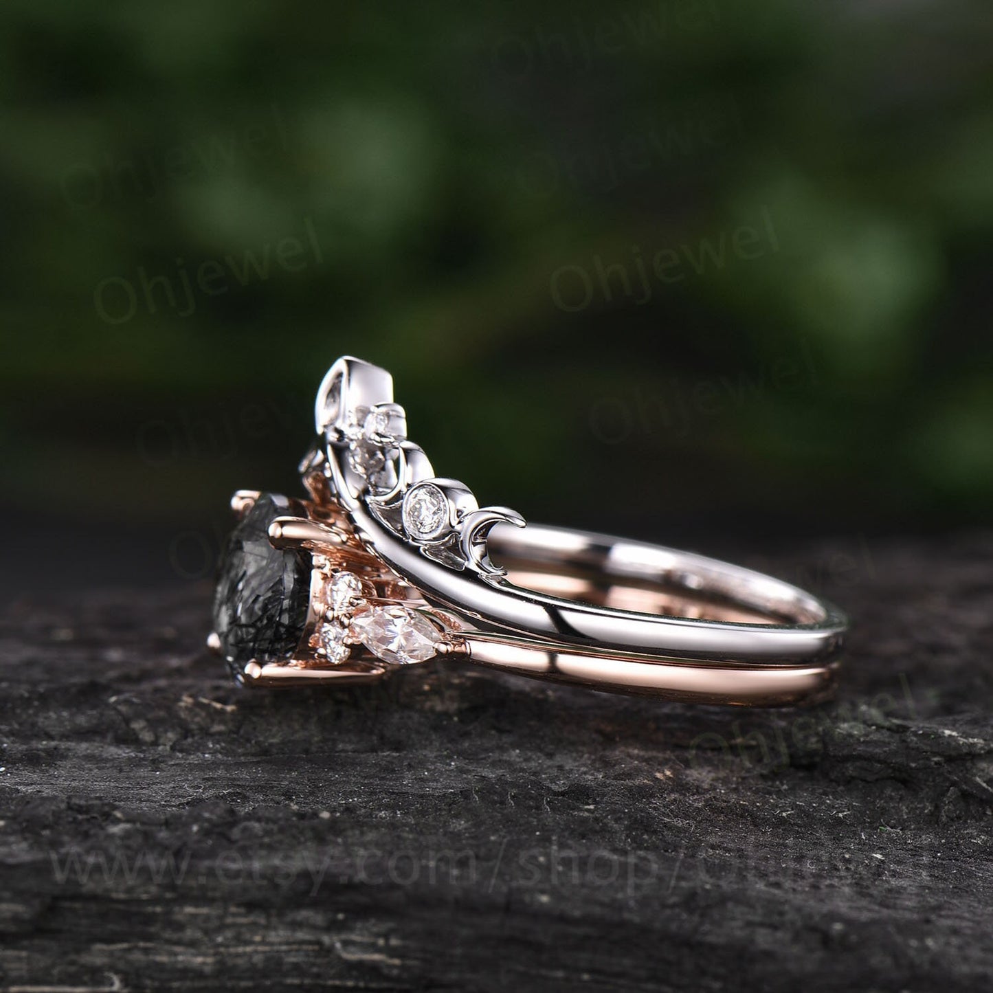Vintage round black rutilated quartz engagement ring set 14k rose gold marquise moissanite wedding ring set for women Norse Viking Jewelry