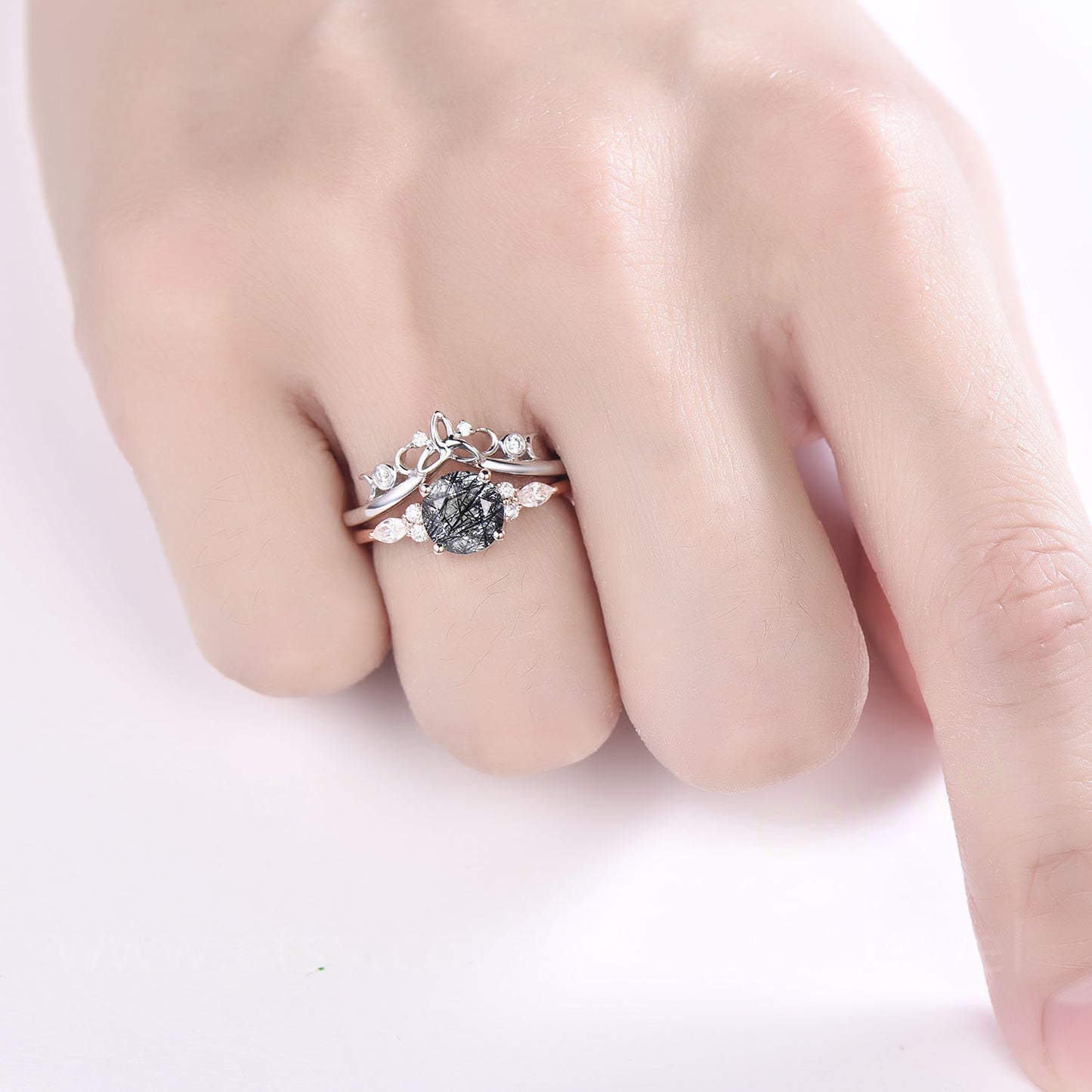 Round cut black rutilated quartz engagement ring set rose gold ring set women unique promise ring for her moissanite wedding ring set gift
