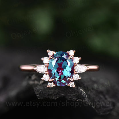 Oval cut Alexandrite ring gold silver women vintage Alexandrite engagement ring rose gold halo cluster moissanite ring bridal wedding ring