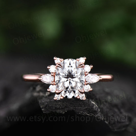 Cluster unique halo vintage moissanite engagement ring oval cut rose gold silver ring for women dainty custom ring bridal anniversary gift
