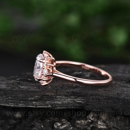 Cluster unique halo vintage moissanite engagement ring oval cut rose gold silver ring for women dainty custom ring bridal anniversary gift