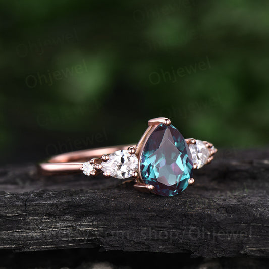 Alexandrite ring gold silver women vintage Alexandrite engagement ring rose gold five stone pear shaped bridal ring moissanite ring band