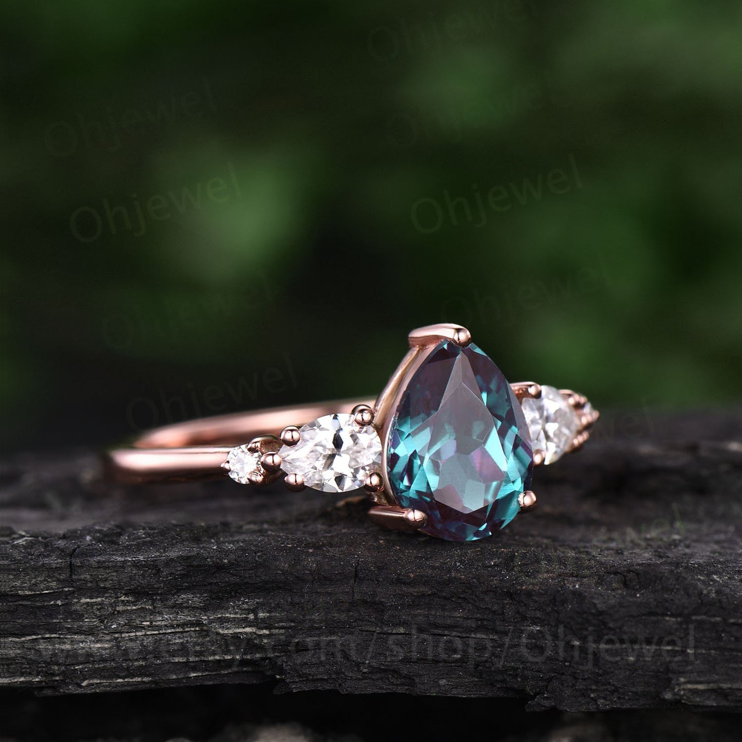 Vintage Alexandrite ring minimalist for women unique pear shaped Alexandrite engagement ring five stone moissanite ring rose gold silver