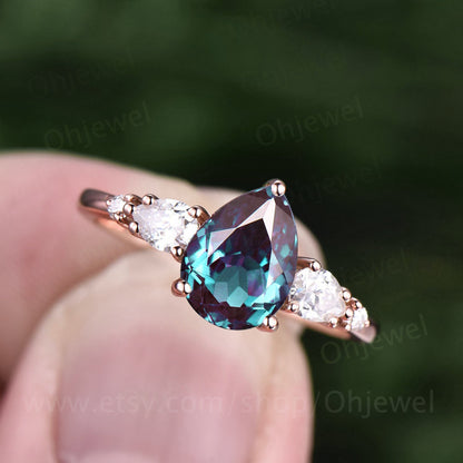 Alexandrite ring gold silver women vintage Alexandrite engagement ring rose gold five stone pear shaped bridal ring moissanite ring band