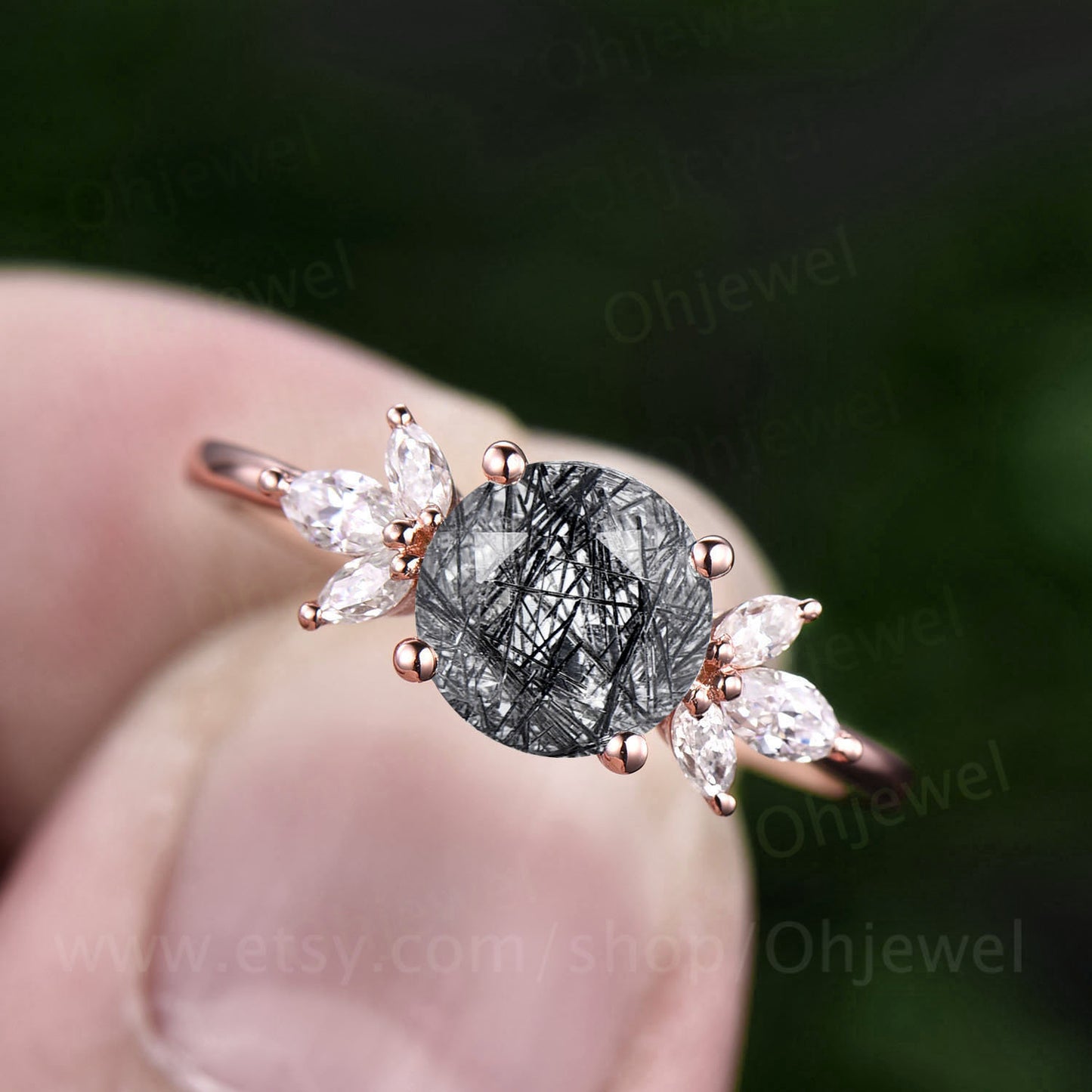 Vintage black rutilated quartz engagement ring art deco flower cluster moissanite engagement ring rose gold women black stone ring wedding