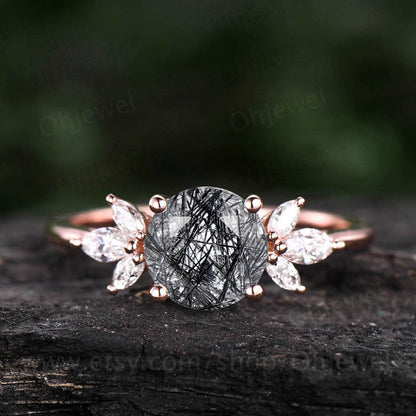 Vintage black rutilated quartz engagement ring art deco flower cluster moissanite engagement ring rose gold women black stone ring wedding
