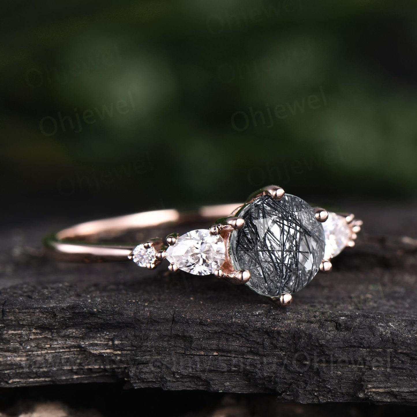 Vintage black rutilated quartz engagement ring five stone rose gold ring unique moissanite ring black stone ring wedding anniversary ring