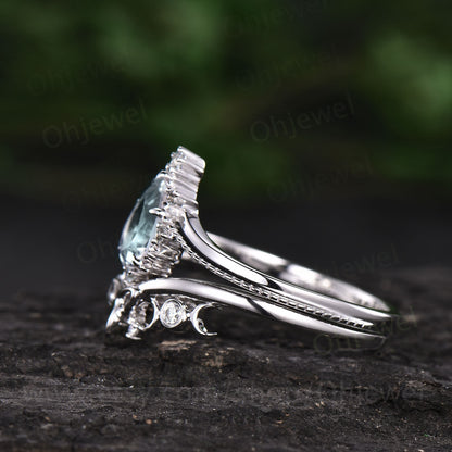 Vintage agate engagement ring set milgrain unique white gold ring set organic gemstone ring art deco moissanite ring set promise ring set
