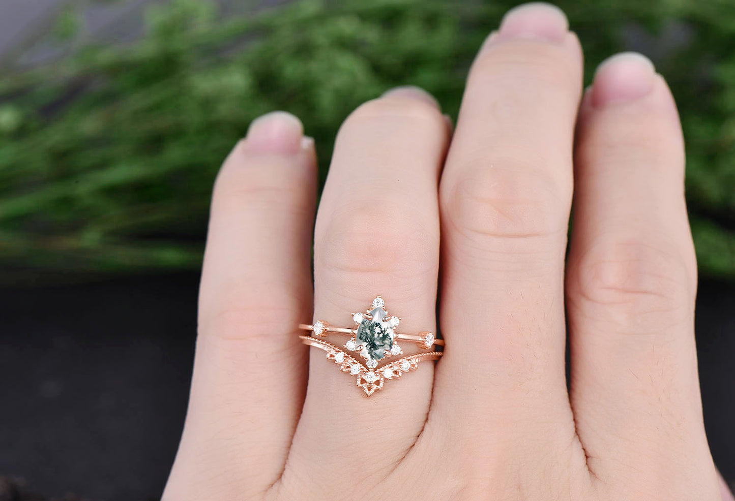 Unique anniversary ring set vintage moss agate engagement ring set Milgrain moissanite ring set pear bridal ring set organic gemstone ring