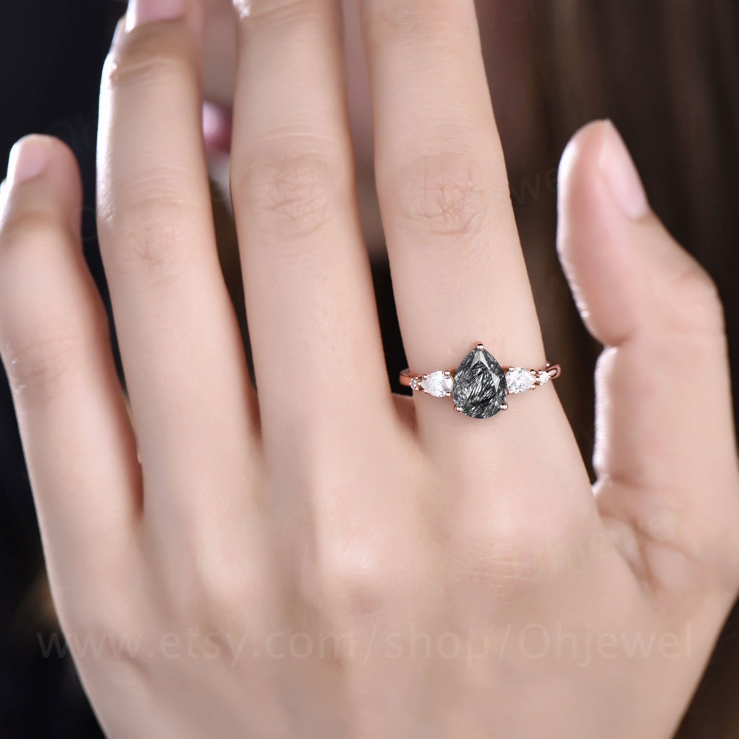 Vintage black rutilated quartz engagement ring five stone Pear shaped bridal ring unique moissanite ring rose gold wedding ring for women