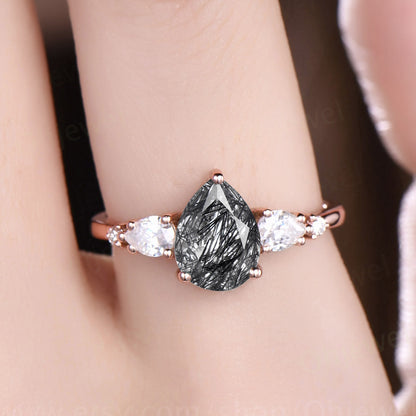 Vintage black rutilated quartz engagement ring five stone Pear shaped bridal ring unique moissanite ring rose gold wedding ring for women