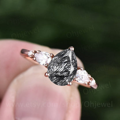Vintage black rutilated quartz engagement ring five stone Pear shaped bridal ring unique moissanite ring rose gold wedding ring for women