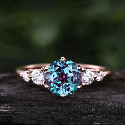 Alexandrite ring silver women unique vintage Alexandrite engagement ring rose gold round cut ring June birthstone jewelry promise ring her