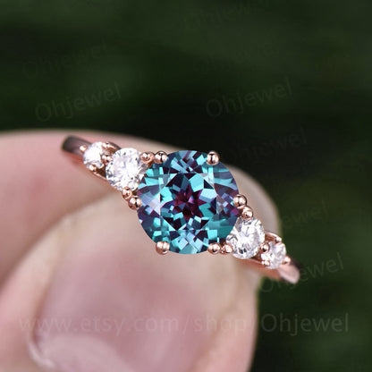 Alexandrite ring silver women unique vintage Alexandrite engagement ring rose gold round cut ring June birthstone jewelry promise ring her