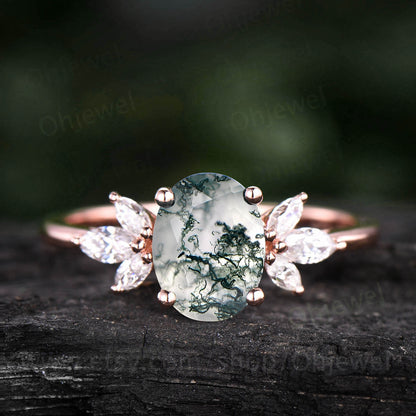 Oval cut moss agate engagement ring vintage rose gold green moss ring organic stone 7 stone ring marquise moissanite ring dainty jewelry