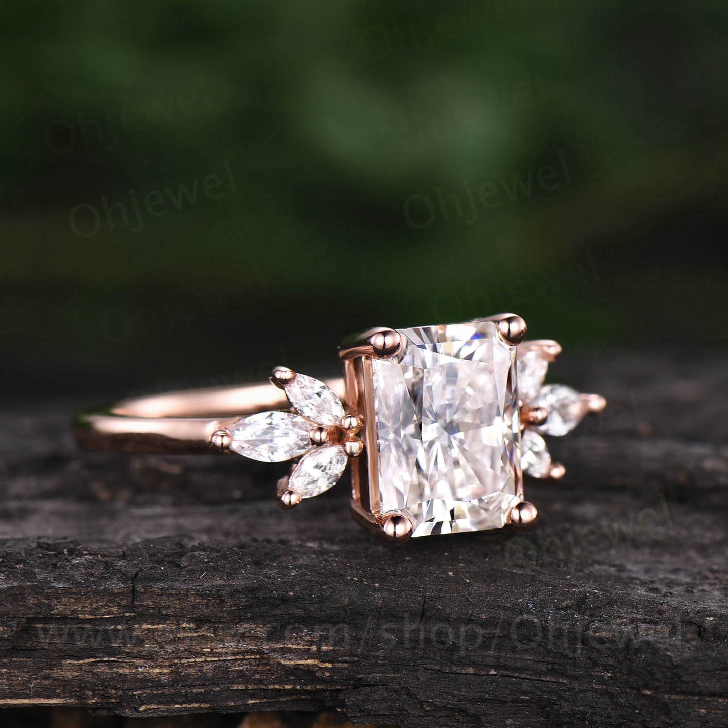 Radiant cut moissanite engagement ring vintage rose gold ring cluster marquise moissanite ring unique anniversary ring dainty jewelry gift