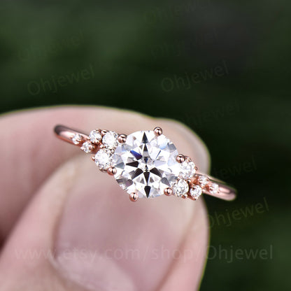 Cluster unique vintage moissanite engagement ring rose gold silver round cut promise ring women six prong ring custom bridal wedding ring