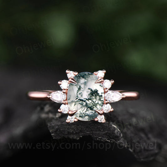 Cluster unique halo vintage style green moss agate engagement ring rose gold silver ring oval cut bridal ring custom ring women her gift