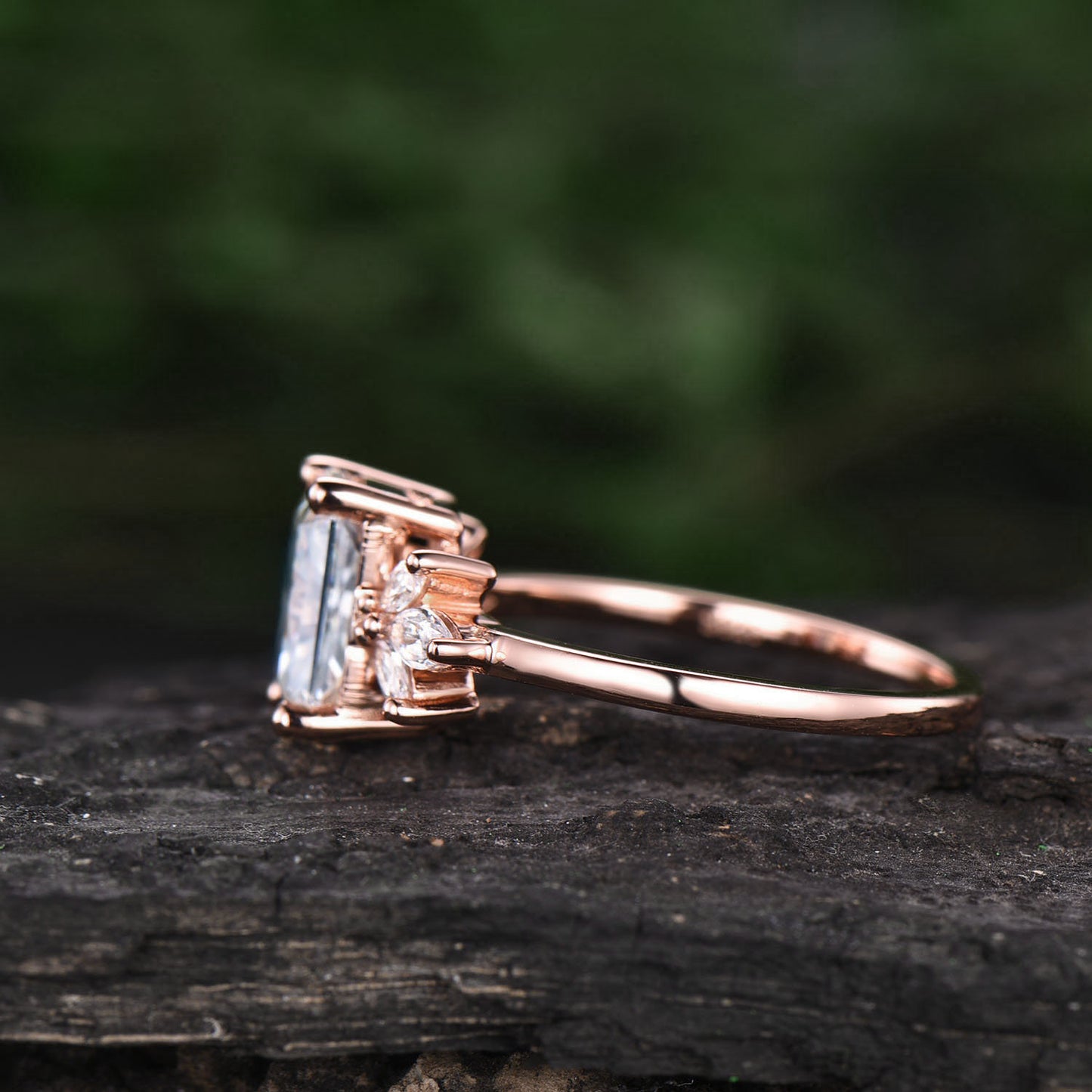 Emerald cut moonstone engagement ring rose gold vintage ring unique moissanite ring marquise ring set June birthstone ring anniversary gift