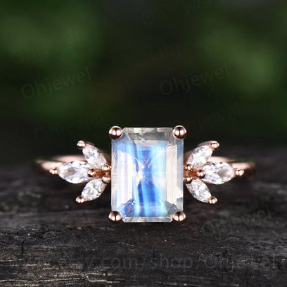 Emerald cut moonstone engagement ring rose gold vintage ring unique moissanite ring marquise ring set June birthstone ring anniversary gift