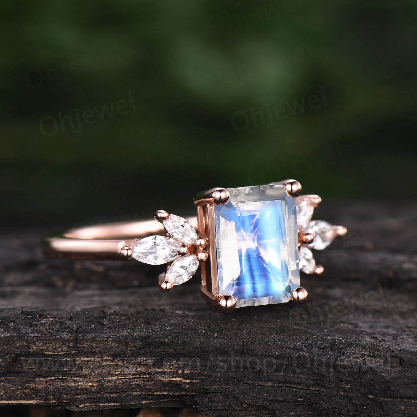 Emerald cut moonstone engagement ring rose gold vintage ring unique moissanite ring marquise ring set June birthstone ring anniversary gift