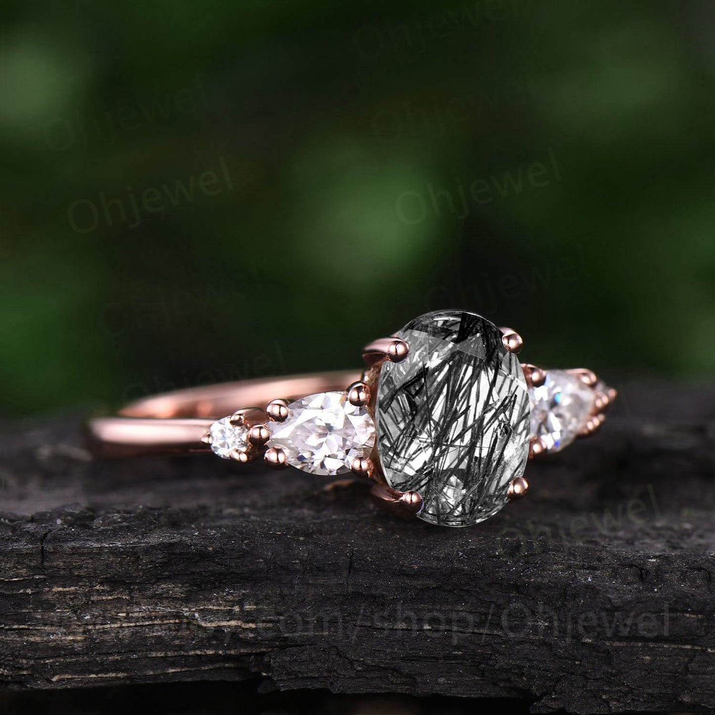 Vintage black rutilated quartz engagement ring for women rose gold moissanite ring oval cut bridal ring custom jewelry unique wedding ring