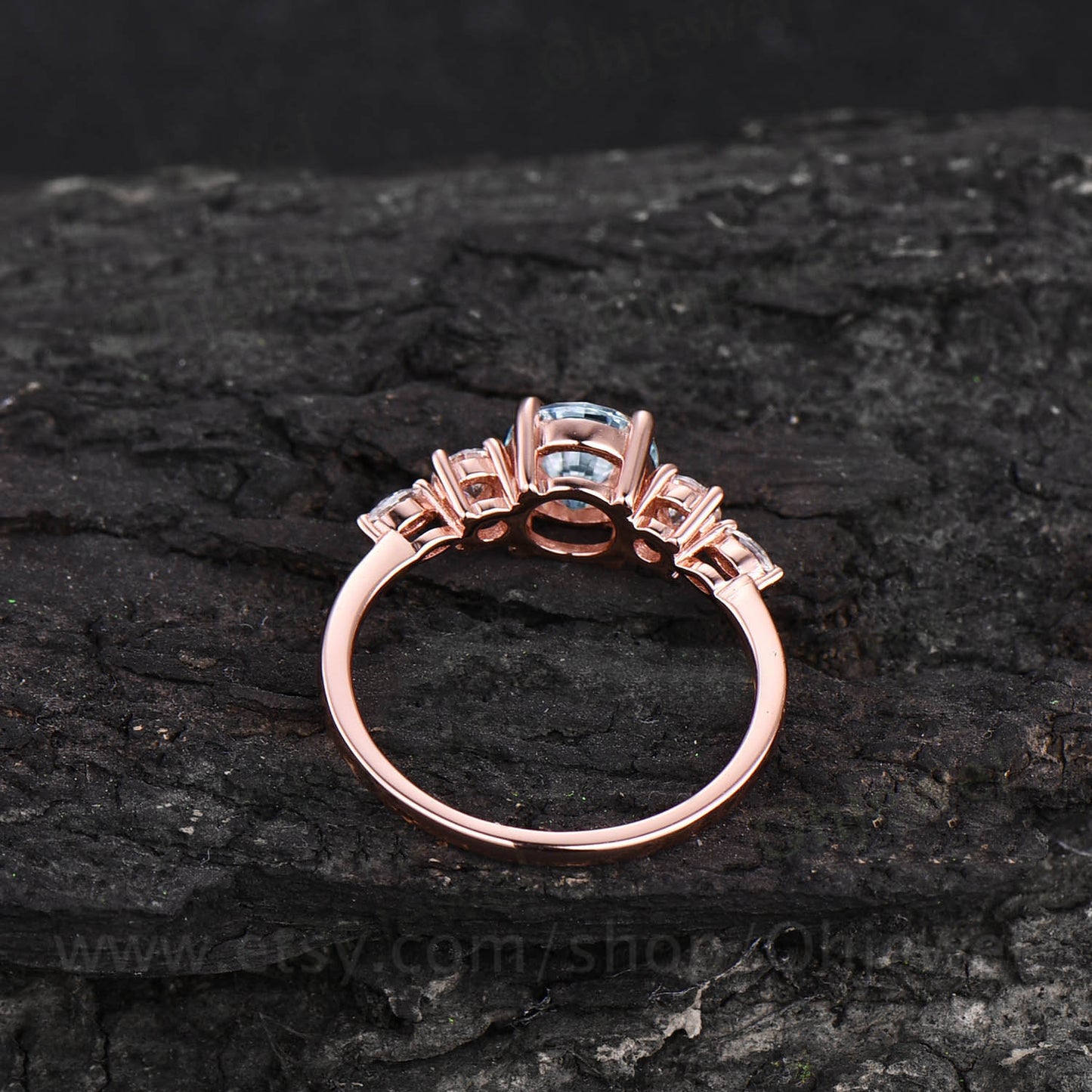 1ct round Aquamarine engagement ring five stone art deco rose gold silver ring women marquise custom ring dainty March birthstone ring gift