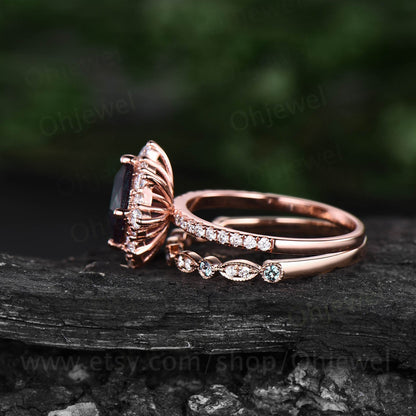Halo unique vintage style cushion cut alexandrite engagement ring set rose gold marquise ring setting Milgrain diamond wedding ring set band