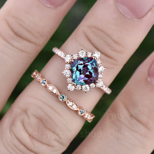 Halo unique vintage style cushion cut alexandrite engagement ring set rose gold marquise ring setting Milgrain diamond wedding ring set band