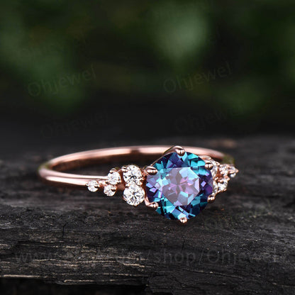 1ct Alexandrite ring gold silver cluster vintage Alexandrite engagement ring rose gold moissanite anniversary promise wedding ring women
