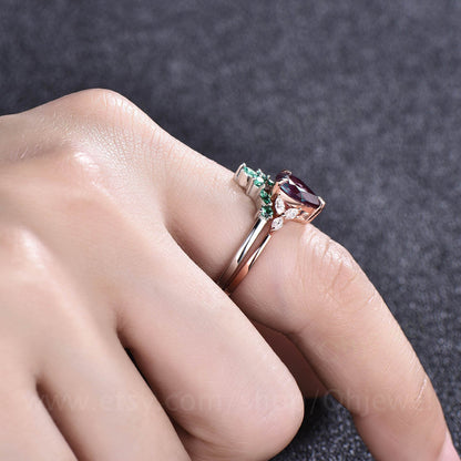 Pear alexandrite engagement ring set art deco vintage rose gold silver ring women marquise moissanite emerald ring set dainty wedding set