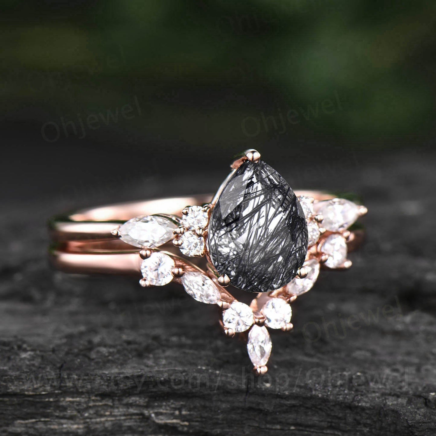 Pear cut black rutilated quartz engagement ring set art deco rose gold silver ring vintage dainty moissanite bridal wedding ring set women