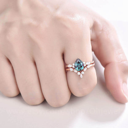 Art deco Alexandrite engagement ring set vintage rose gold ring moissanite ring silver dainty custom ring women unique bridal ring set gift