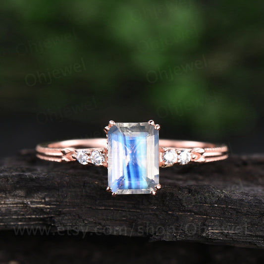 6x8mm emerald cut moonstone engagement ring vintage rose gold Milgrain ring five stone diamond ring 8 prong moon ring unique bridal ring